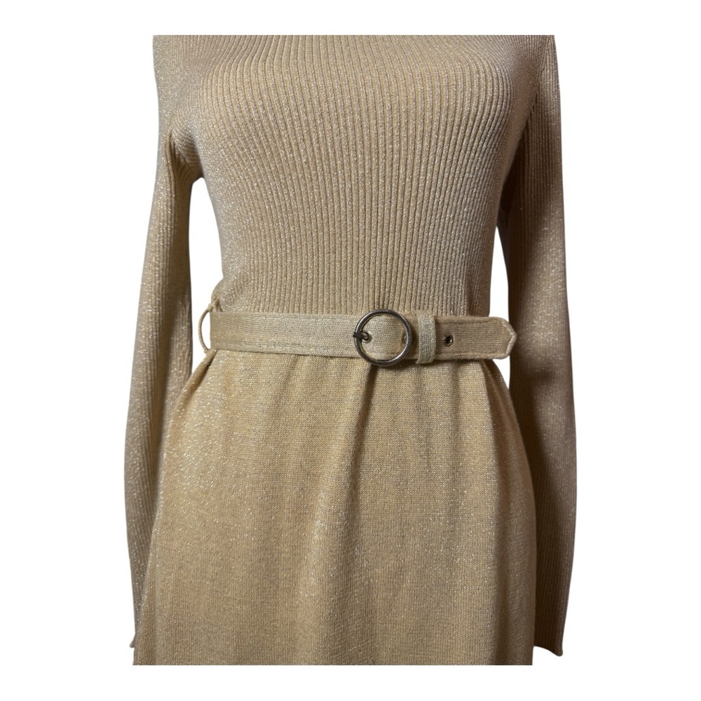 Free People XS Gold Metallic Knit Dress Shimmer Mock Neck Belted Knit Dress - Picture 5 of 7